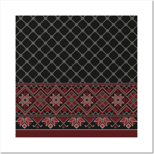 Palestinian Arabic Kufiya Keffiyeh or also called Hatta Traditional Pattern with Tatreez Embroidery Art Design Red Cream on Black Posters and Art